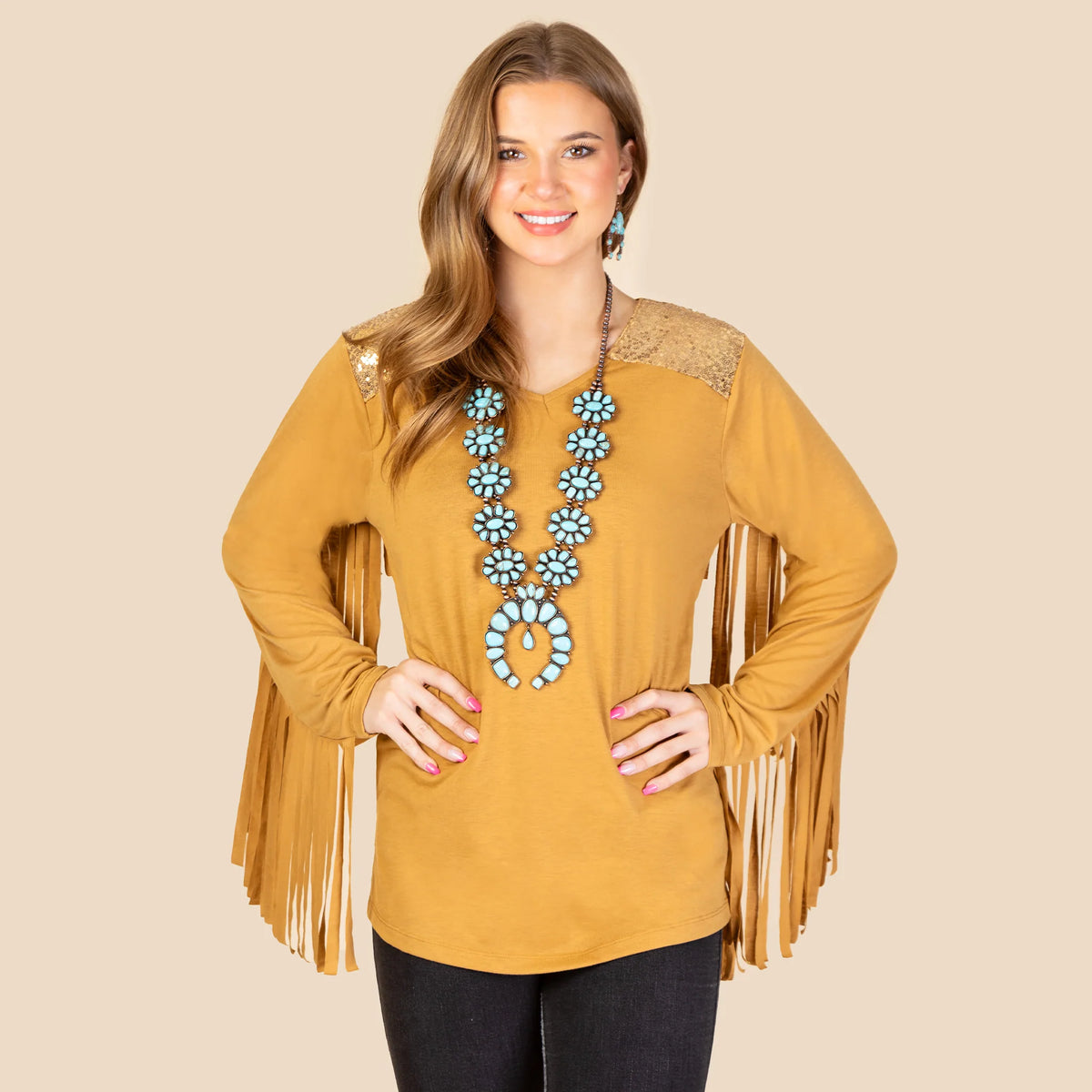 Sunshine & Redeo Fringe and Sequin Long Sleeve Top