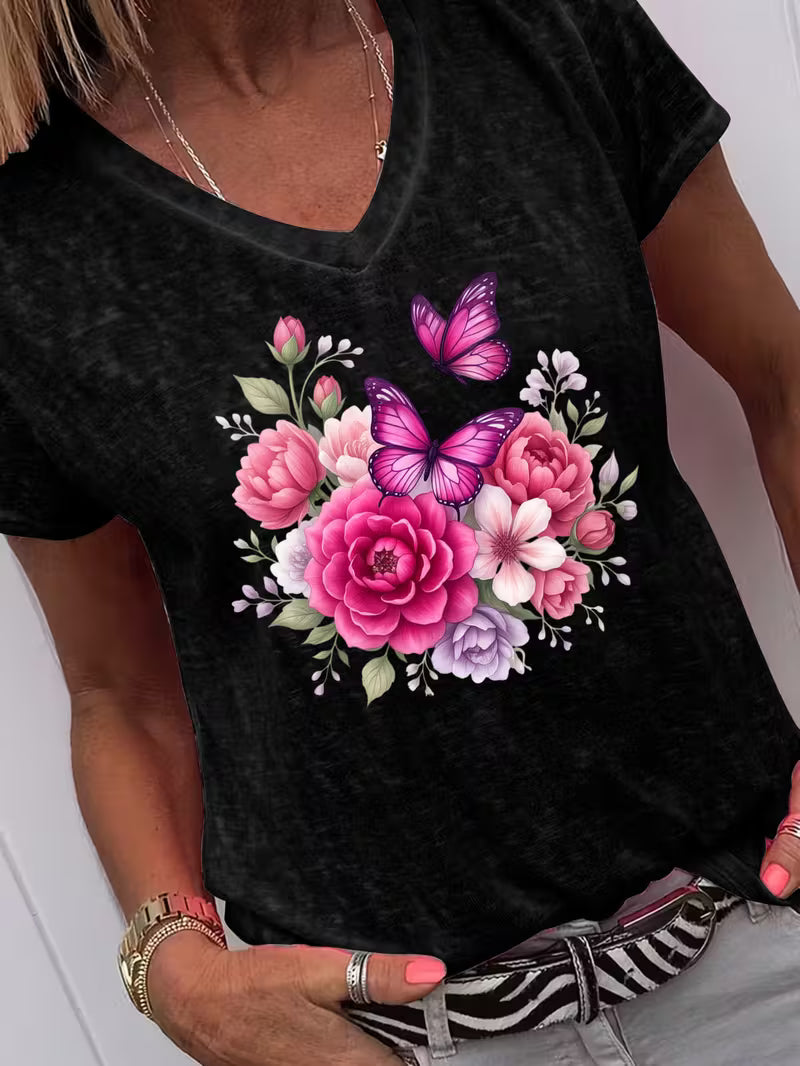 Women's Butterfly & Flower Bouquet V-neck Vinyl Graphic T-Shirt