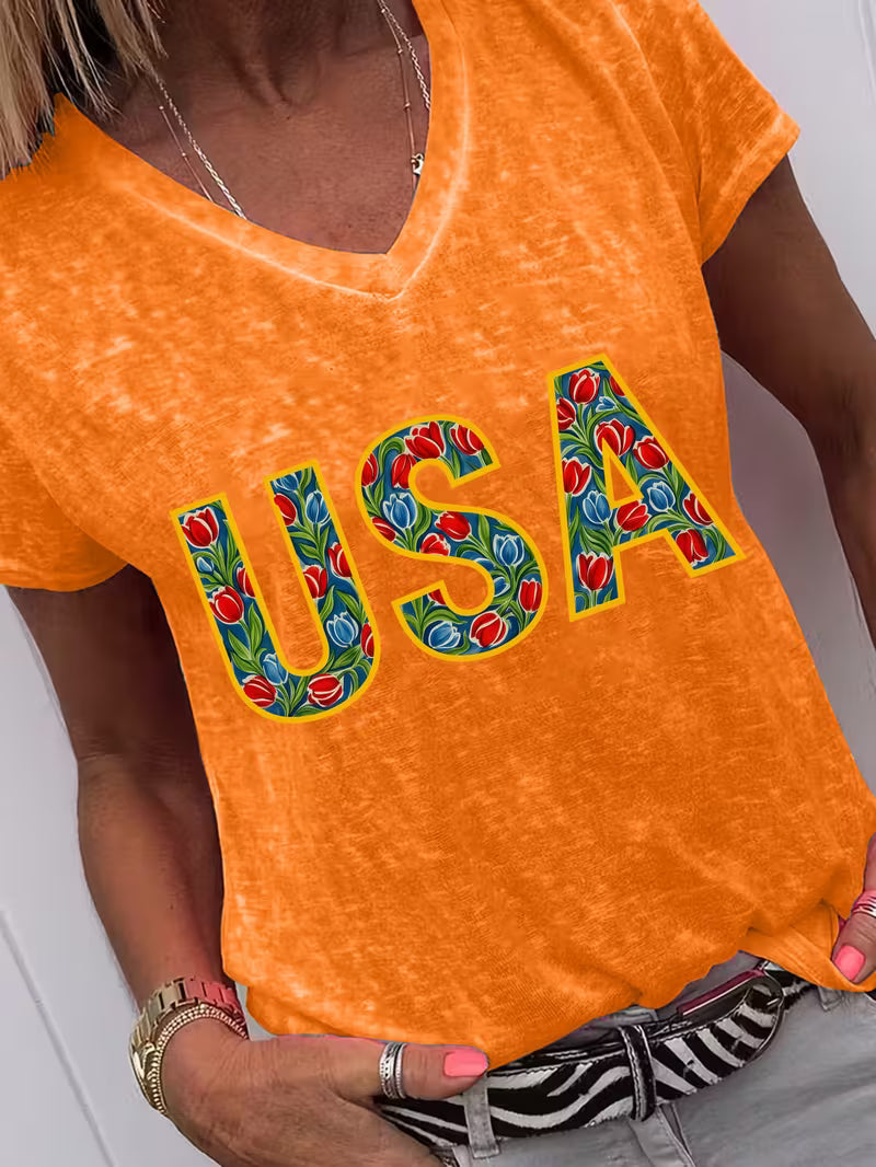 Women's Floral USA V-neck Vinyl Graphic T-Shirt