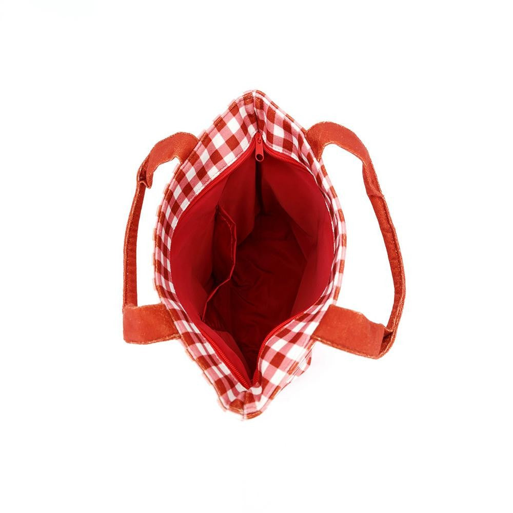 Gingham canvas tote with an embroidered santa applique