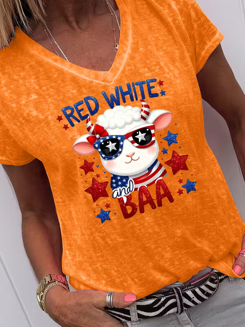 Women's Red Wgite & Baa V-neck Vinyl Graphic T-Shirt