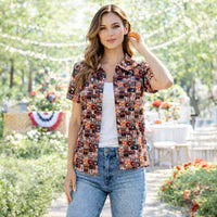 Western Print Mesh Button Down Top with Ruffle Sleeves