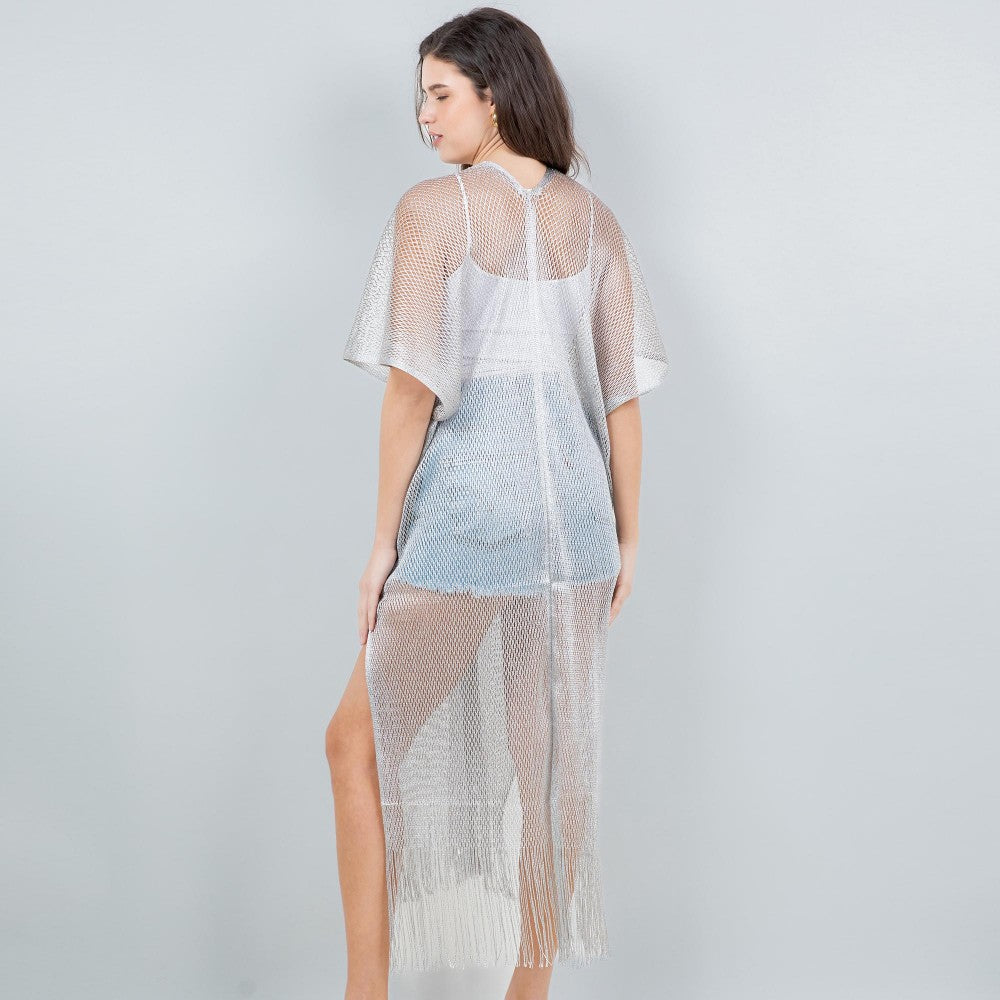 Long Fish Net & Tinsel Kimono With Fringed Bottom