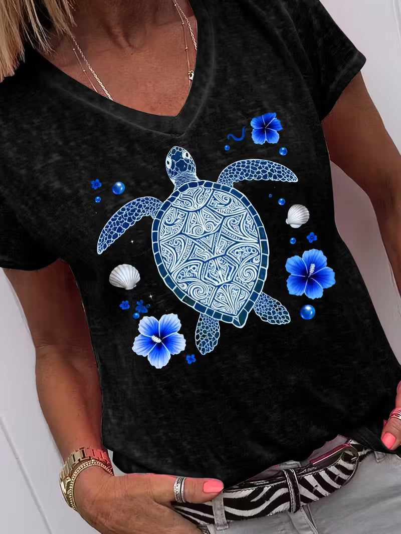 Women's Turtle V-neck Vinyl Graphic T-Shirt