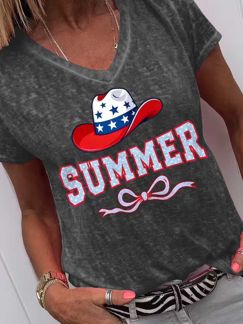 Women's Summer V-neck Vinyl Graphic T-Shirt