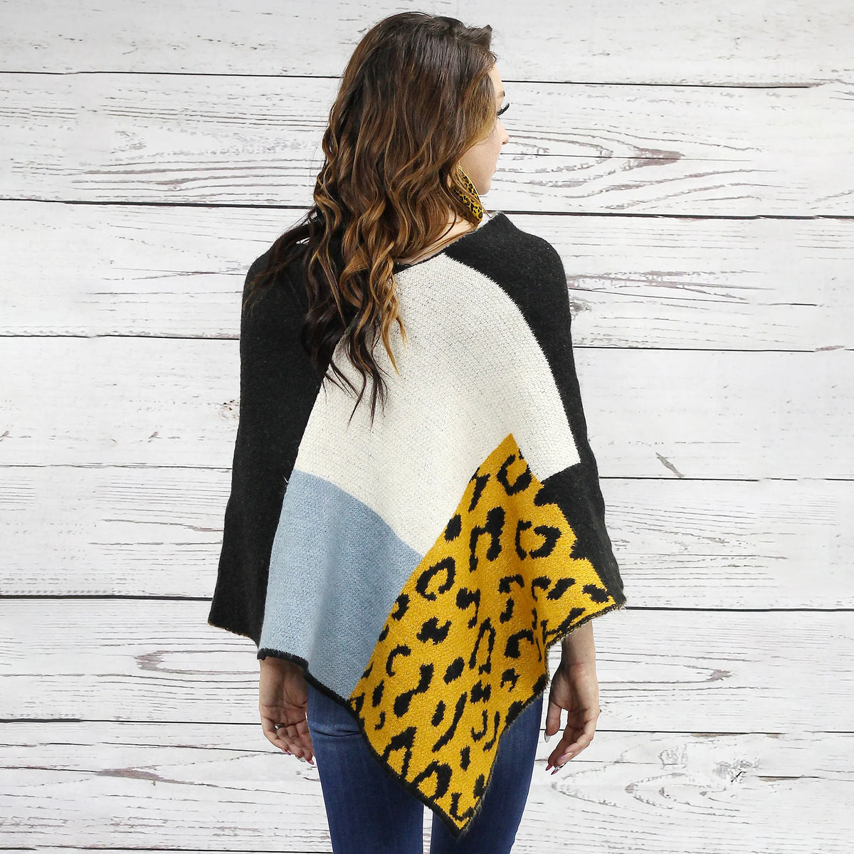 Leopard Color Block Poncho - Black Brown