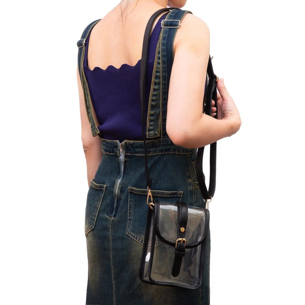Clear Cross Body Bag With Leather Trim Featuring Snap Latch Buckle Closure
