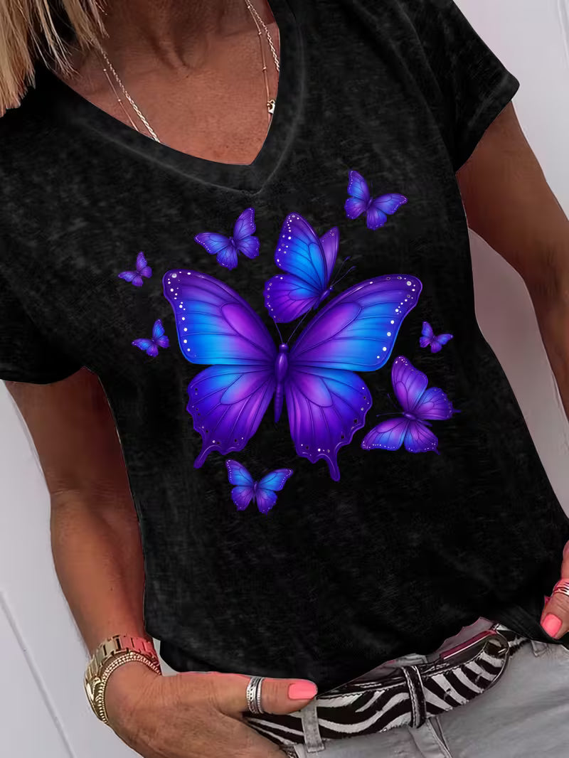Women's Butterfly V-neck Vinyl Graphic T-Shirt