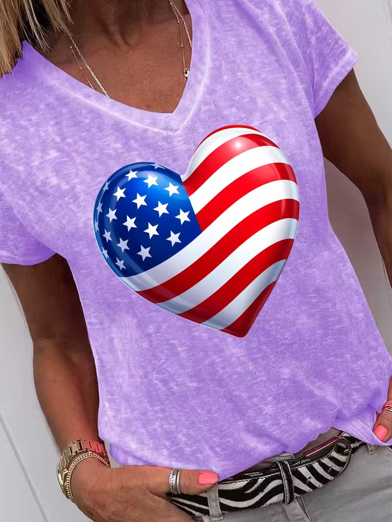 Women's Flag Heart V-neck Vinyl Graphic T-Shirt