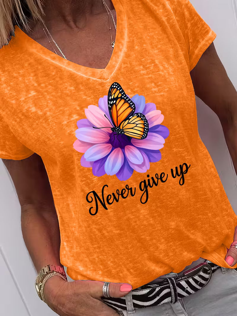 Women's Never Give Up V-neck Vinyl Graphic T-Shirt