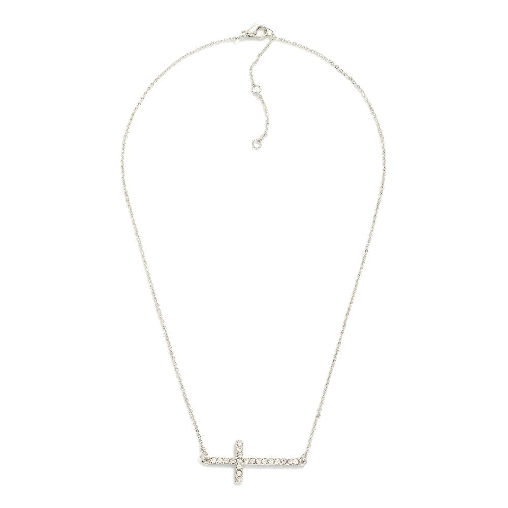 Chain Link Necklace Featuring Rhinestone Studded East West Cross Pendant