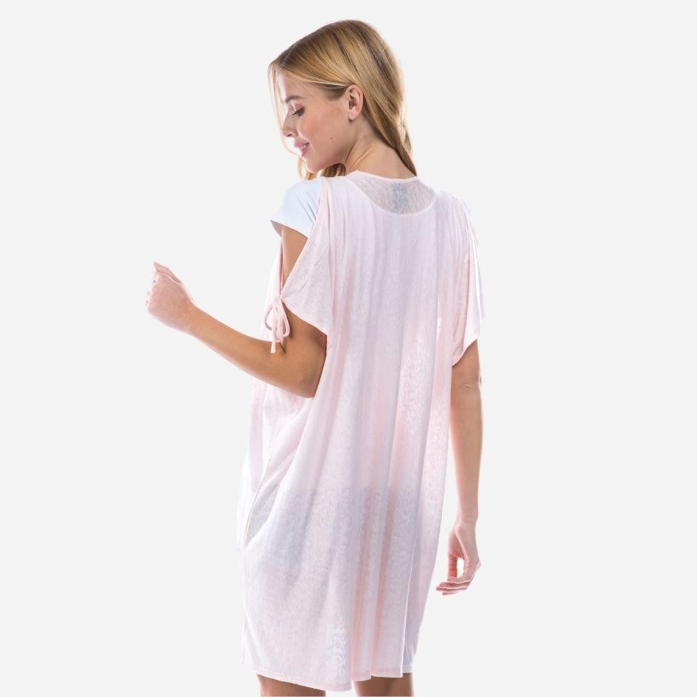 Cold Shoulder V-Neck Knit Top Featuring Ties at the Bottom of the Sleeves Blush
