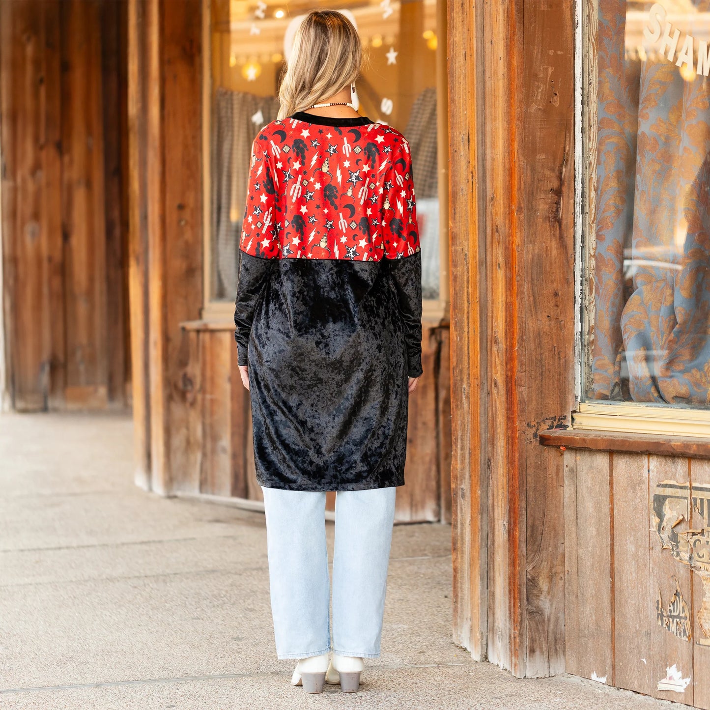 Sunshine & Redeo Western Print Velvet Cardigan with Pockets