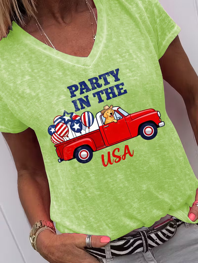 Women's Party In The USA V-neck Vinyl Graphic T-Shirt