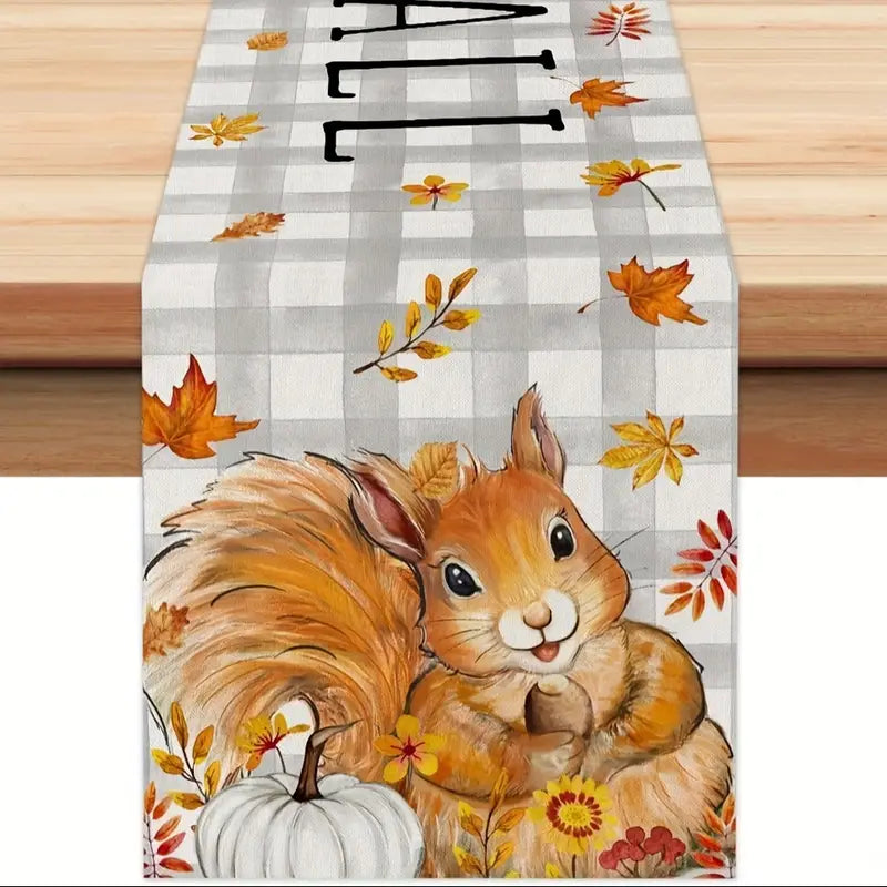 Happy Fall Squirrel Plaid Table Runner