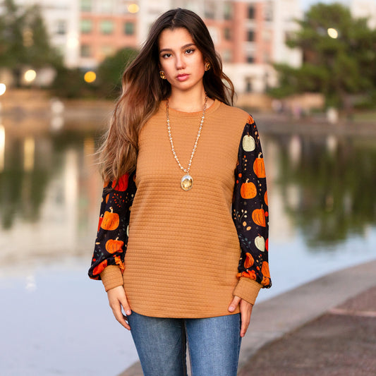 Fall Pumpkin Sleeve Waffle Top
