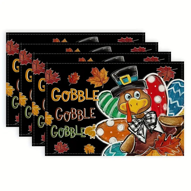 Black Gobble Gobble Gobble Happy Turkey 4 Piece Place Mats