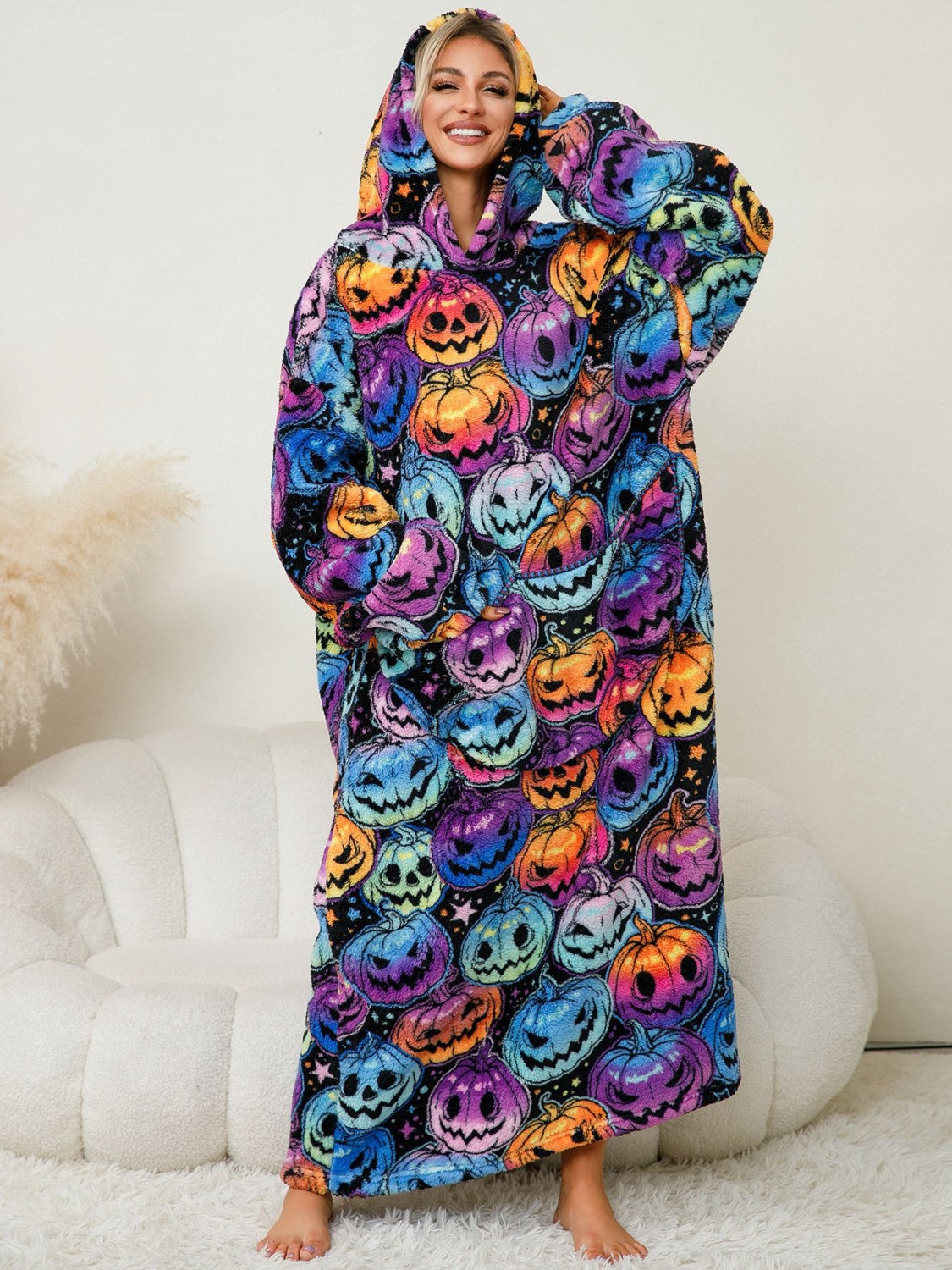 Fuzzy Pocketed Long Sleeve Hooded Blanket Lounge Dress - 17 Print options - PRELAUNCH