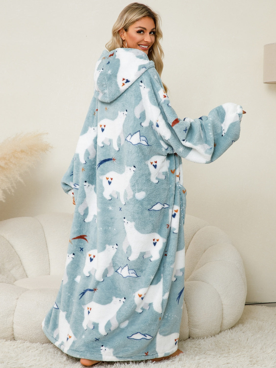 Fuzzy Pocketed Long Sleeve Hooded Blanket Lounge Dress - 17 Print options - PRELAUNCH