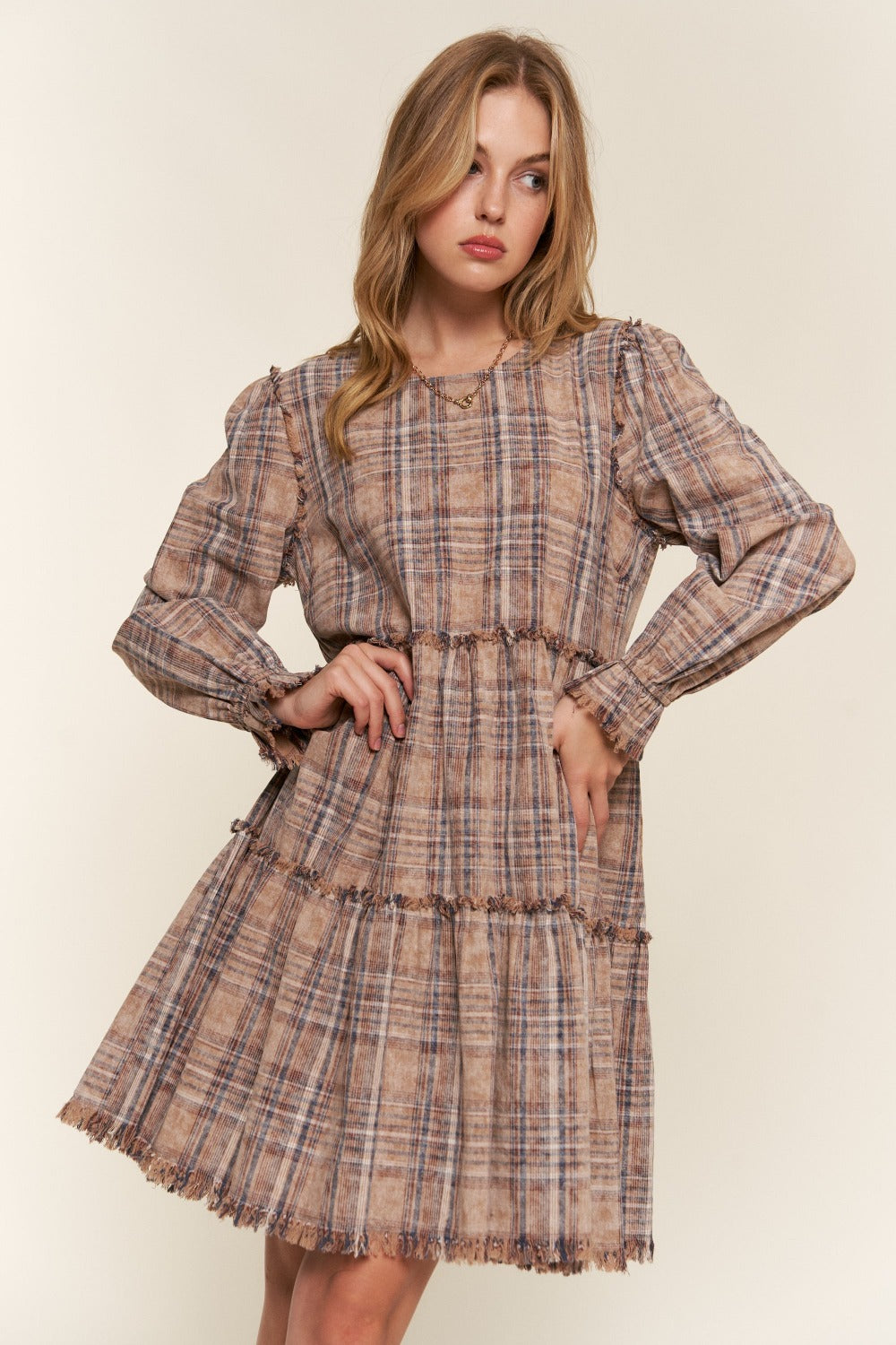 And The Why Full Size Washed Frayed Tiered Plaid Dress