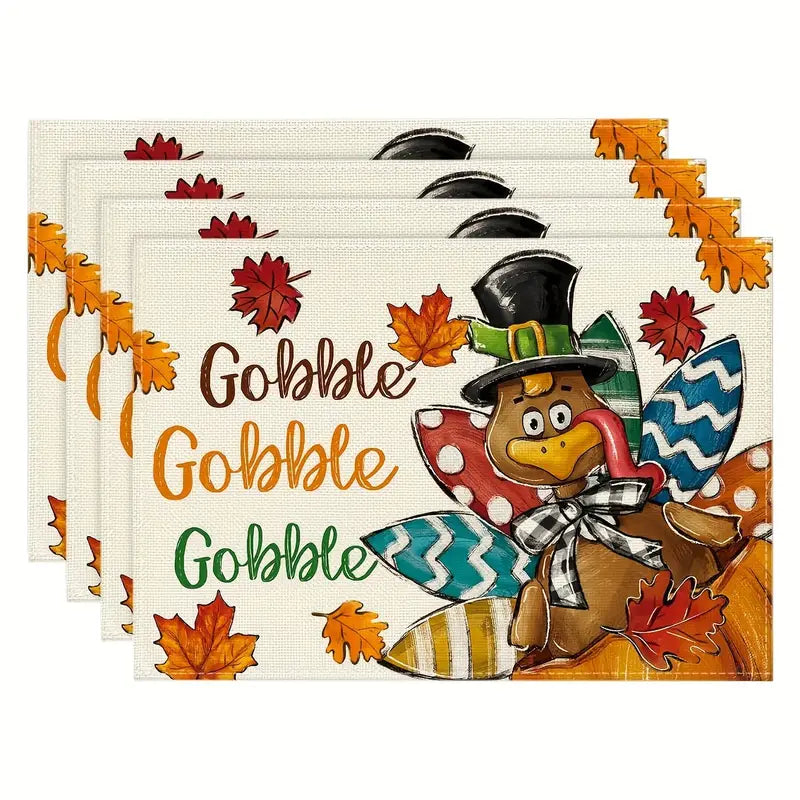 White Gobble Gobble Gobble Happy Turkey 4 Piece Place Mats