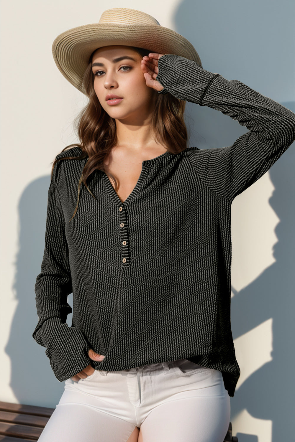 DOORBUSTER Double Take Full Size Notched Thumbhole Long Sleeve T-Shirt