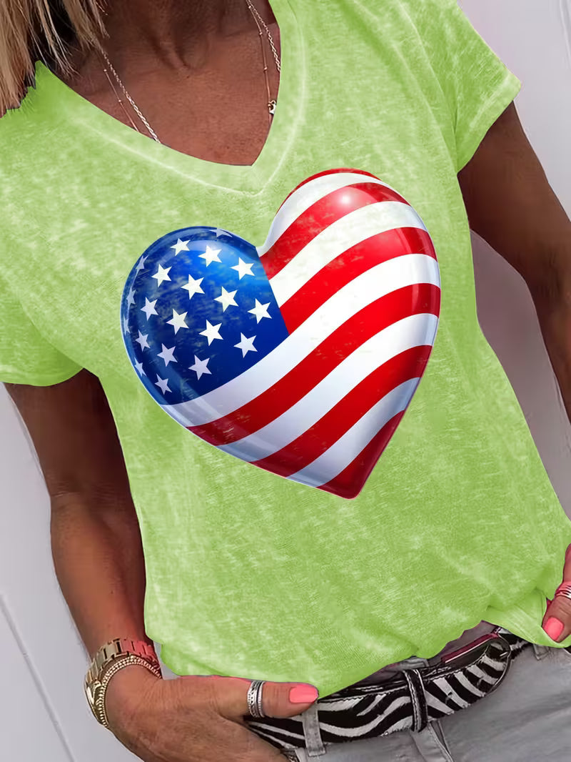 Women's Flag Heart V-neck Vinyl Graphic T-Shirt