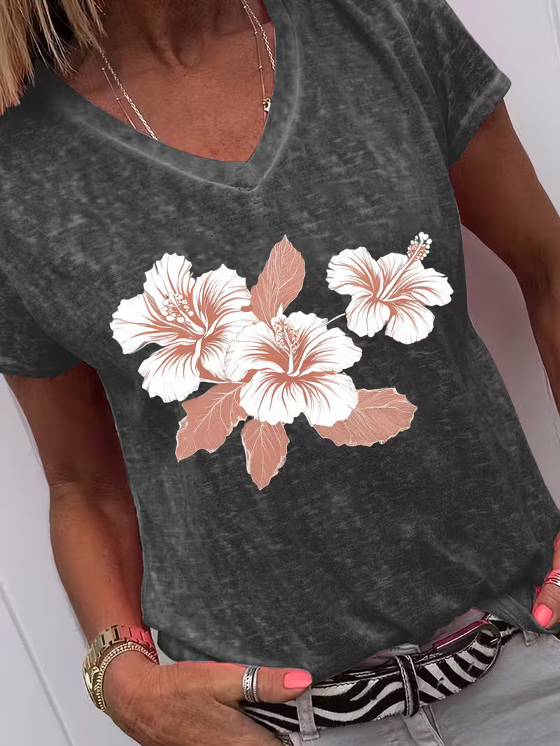 Women's Flowers V-neck Vinyl Graphic T-Shirt