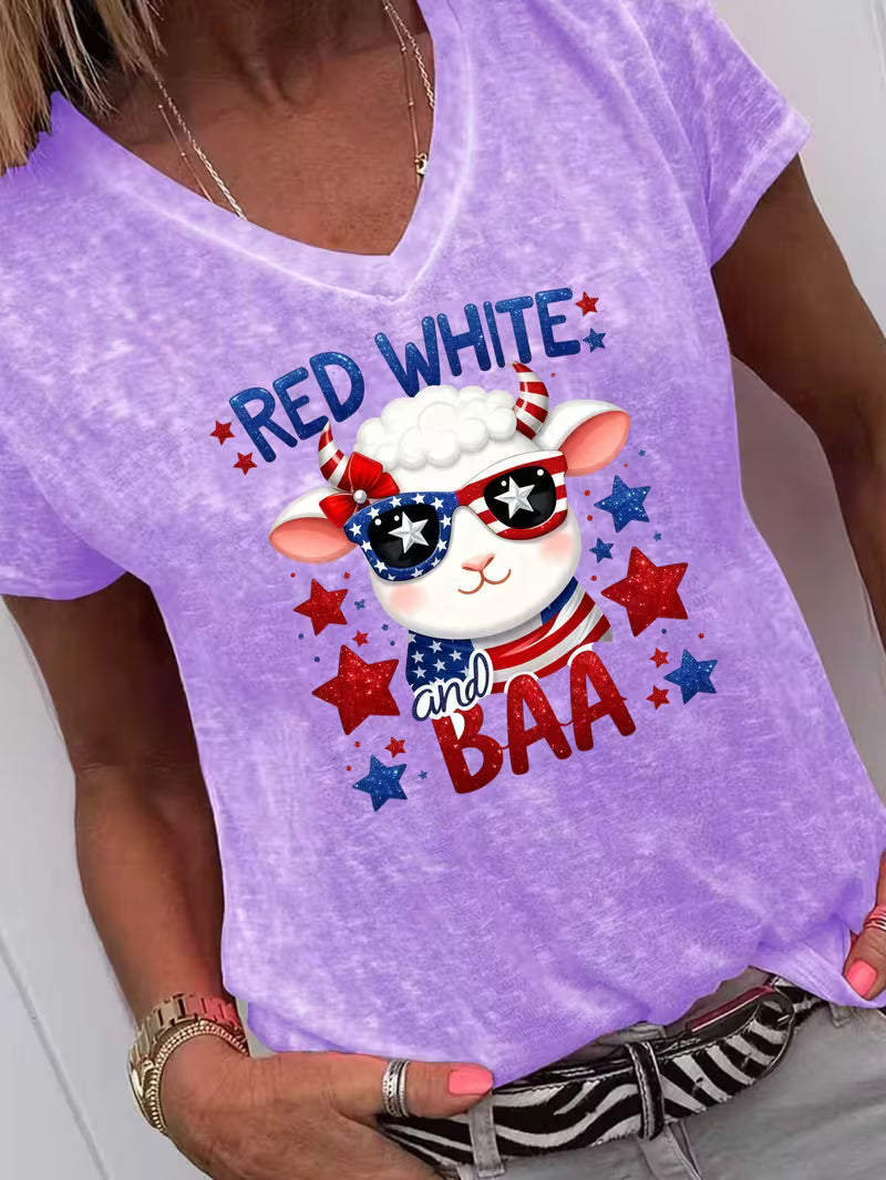 Women's Red Wgite & Baa V-neck Vinyl Graphic T-Shirt