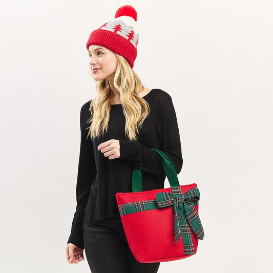 Felt Christmas Tote Bag With Plaid Bow - Red