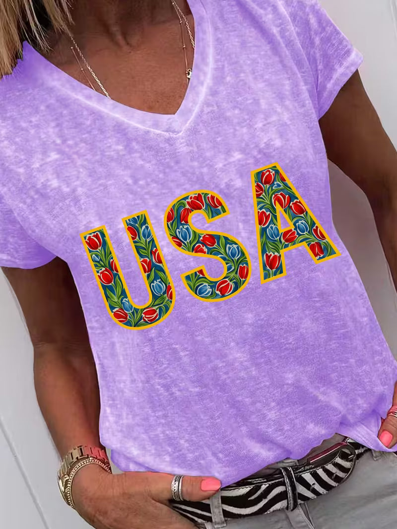 Women's Floral USA V-neck Vinyl Graphic T-Shirt