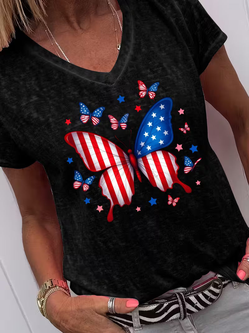 Women's Red White & Blue Butterfly V-neck Vinyl Graphic T-Shirt