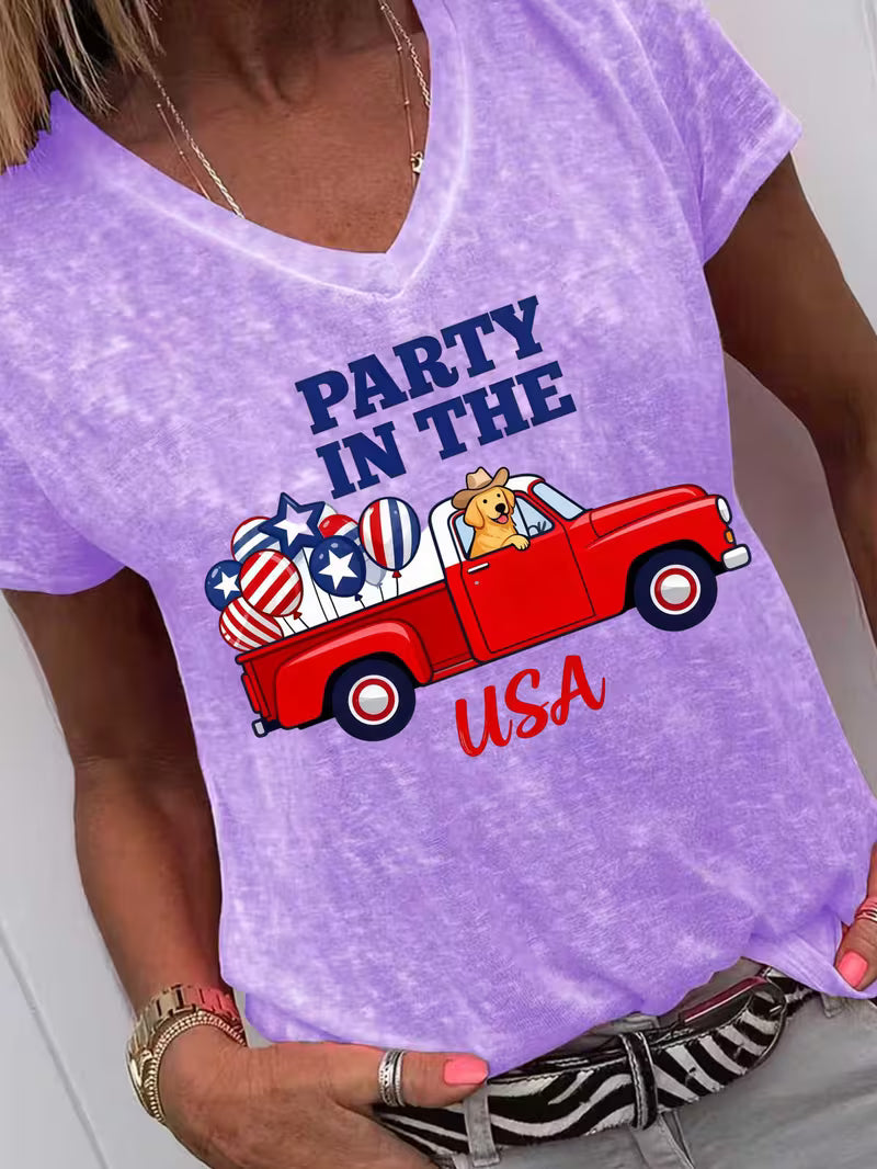 Women's Party In The USA V-neck Vinyl Graphic T-Shirt