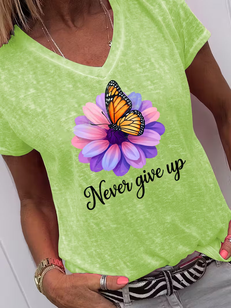 Women's Never Give Up V-neck Vinyl Graphic T-Shirt