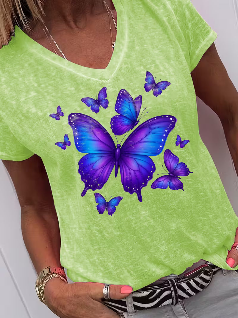 Women's Butterfly V-neck Vinyl Graphic T-Shirt
