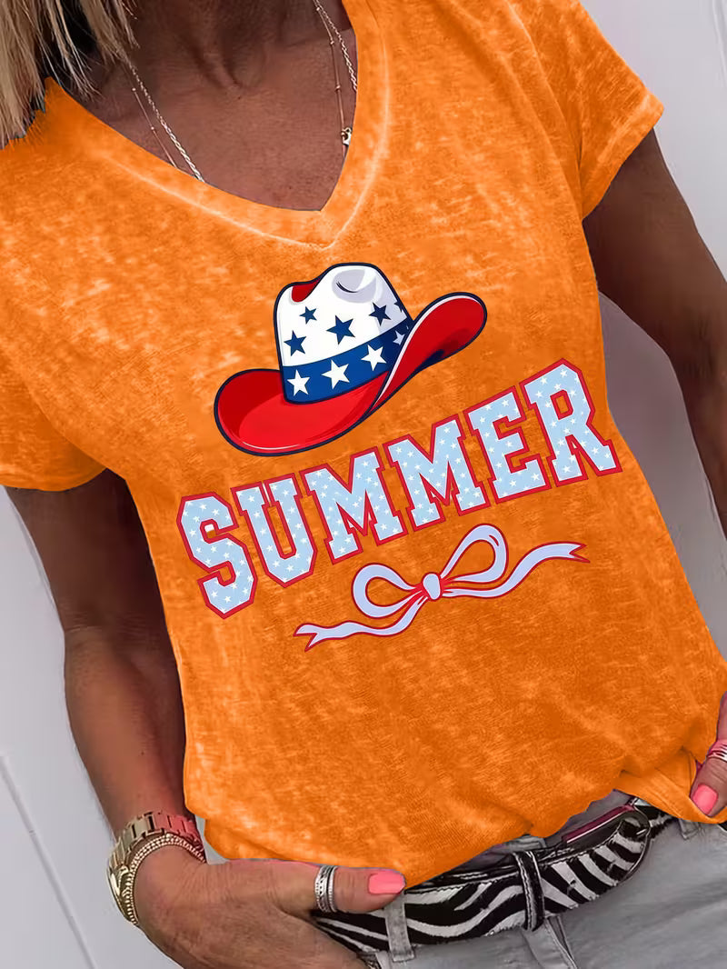 Women's Summer V-neck Vinyl Graphic T-Shirt