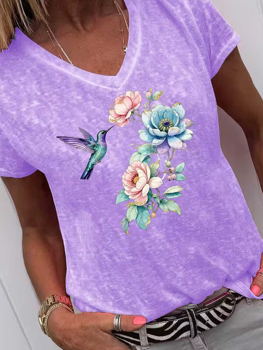 Women's Bird & Flowers V-neck Vinyl Graphic T-Shirt