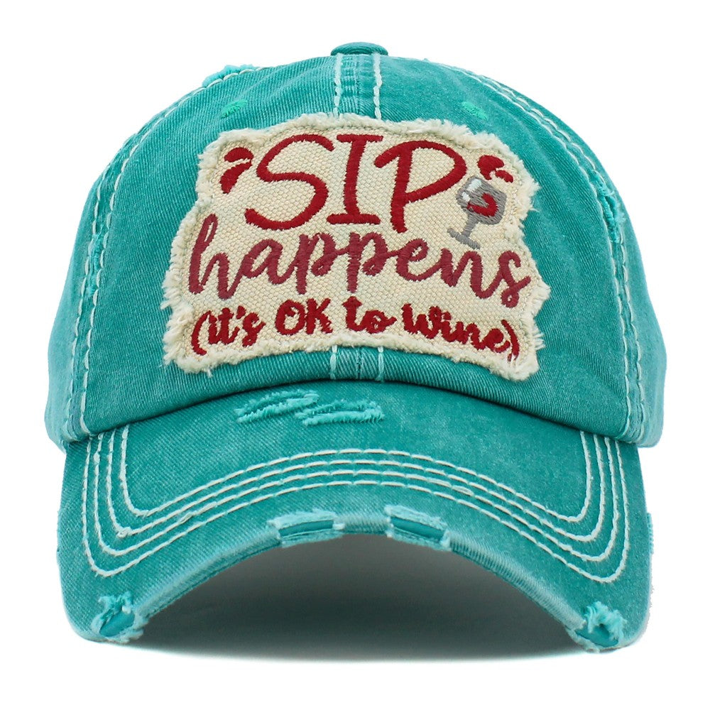 Vintage Distressed Sip Happens Patch Baseball Cap.
