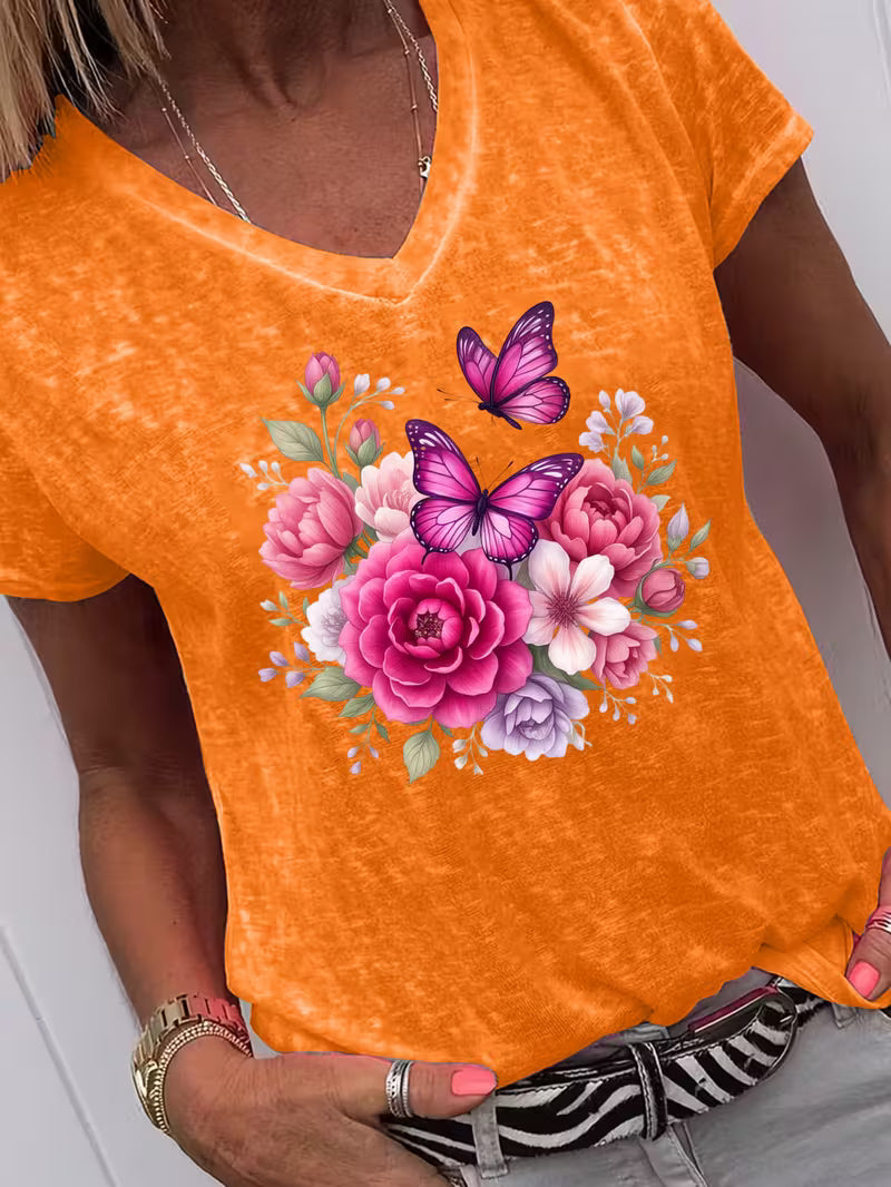 Women's Butterfly & Flower Bouquet V-neck Vinyl Graphic T-Shirt