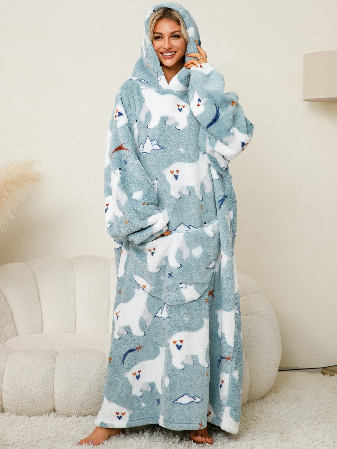 Fuzzy Pocketed Long Sleeve Hooded Blanket Lounge Dress - 17 Print options - PRELAUNCH