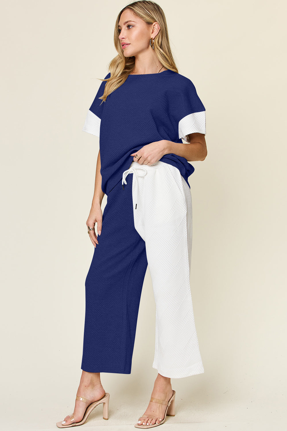 Double Take Full Size Texture Contrast T-Shirt and Wide Leg Pants Set - 4 Color Way Options!