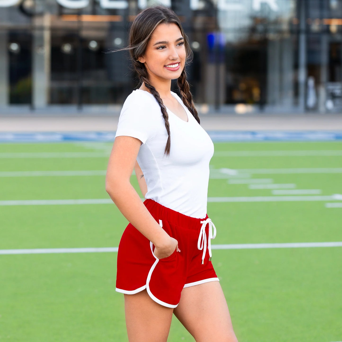 High-Waisted Varsity Game Day Shorts with Pockets - Red