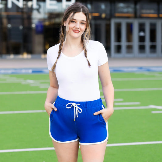 High-Waisted Varsity Game Day Shorts with Pockets - Royal Blue