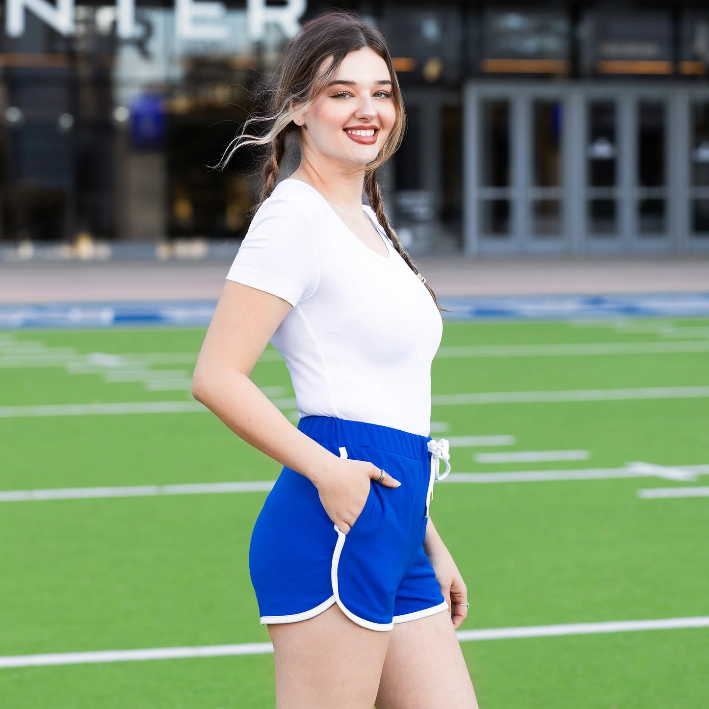 High-Waisted Varsity Game Day Shorts with Pockets - Royal Blue
