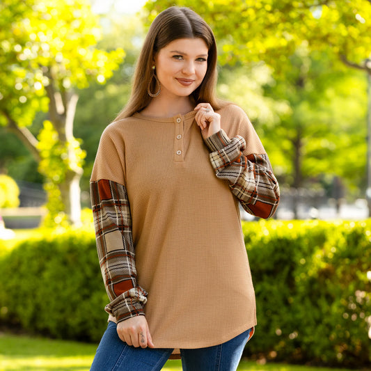 Plaid Block Knit Long Sleeved Top