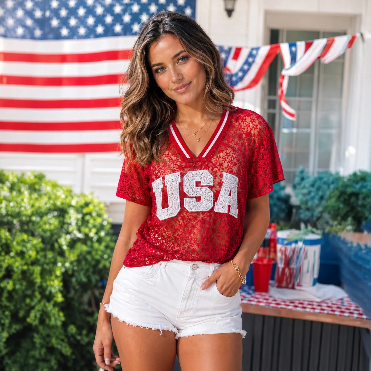 USA Sequin Lace Short Sleeve Top