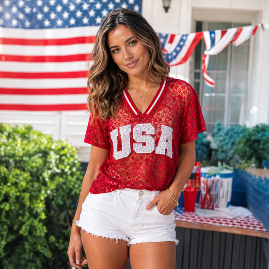 USA Sequin Lace Short Sleeve Top