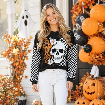 Sunshine & Rodeo SKull and Floral Vinyl Checkered Long Sleeve Top