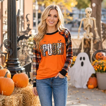Sunshine & Rodeo SPOOKY Plaid Vinyl Graphic Long Sleeved Top