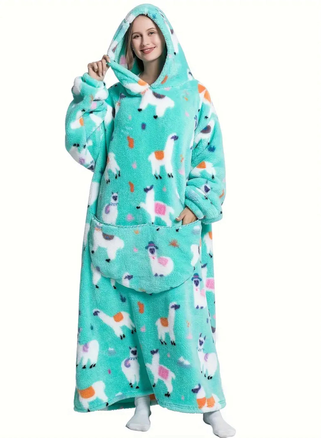 Fuzzy Pocketed Long Sleeve Hooded Blanket Lounge Dress - 17 Print options - PRELAUNCH